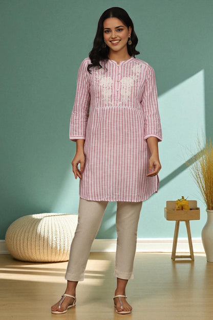 W for Woman Pink and White Yarn Dyed Cotton Tunic in Mandarin Collar