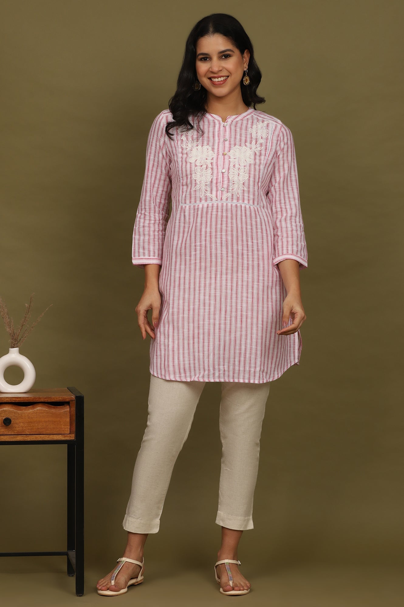 W for Woman Pink and White Yarn Dyed Cotton Tunic in Mandarin Collar
