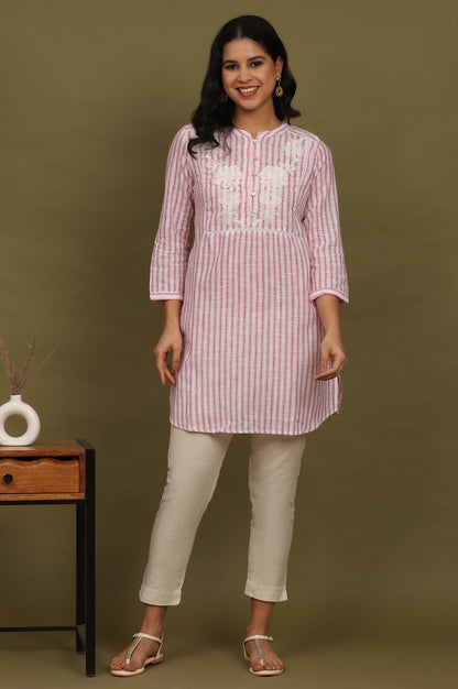 W for Woman Pink and White Yarn Dyed Cotton Tunic in Mandarin Collar