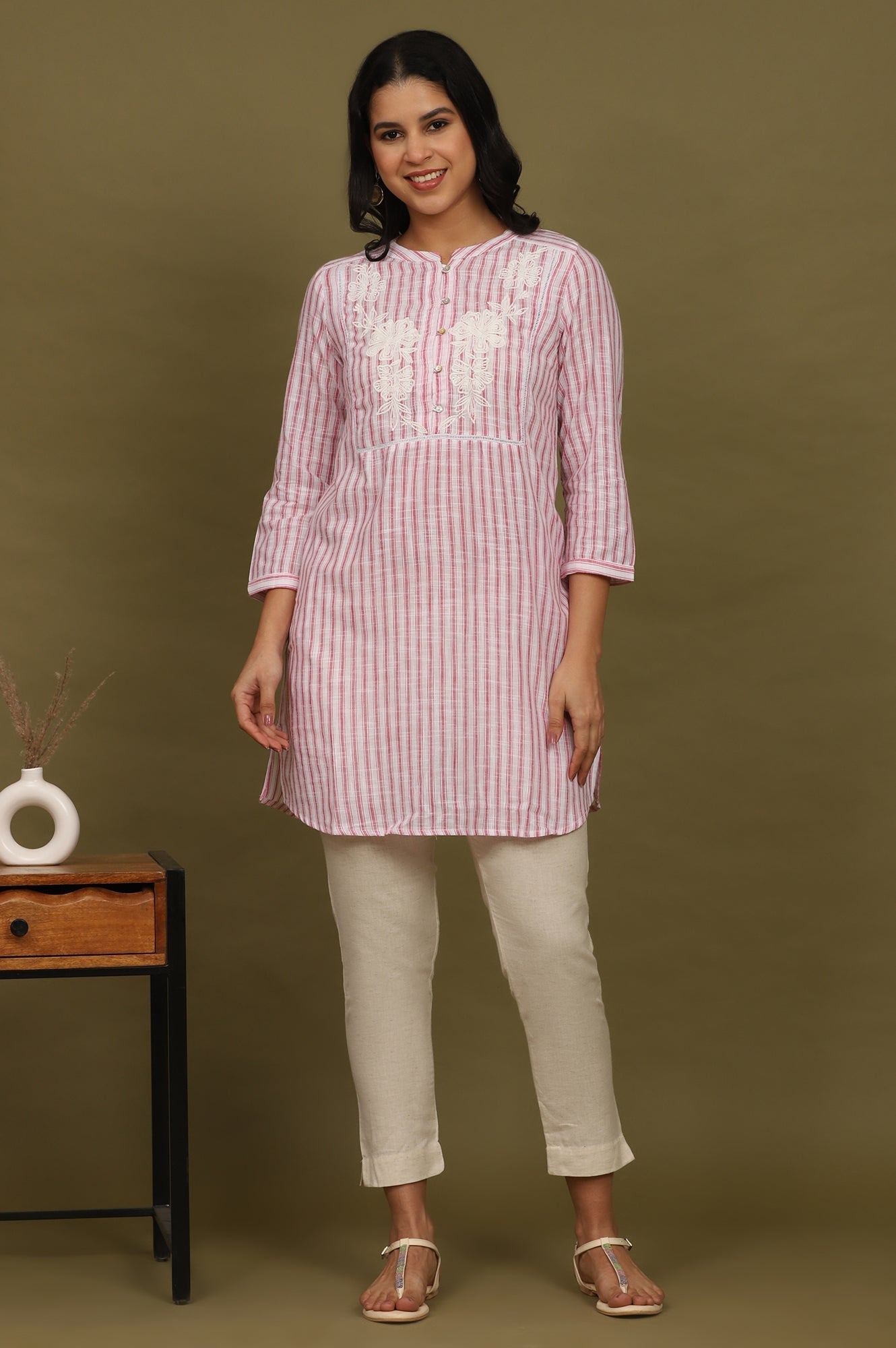 W for Woman Pink and White Yarn Dyed Cotton Tunic in Mandarin Collar