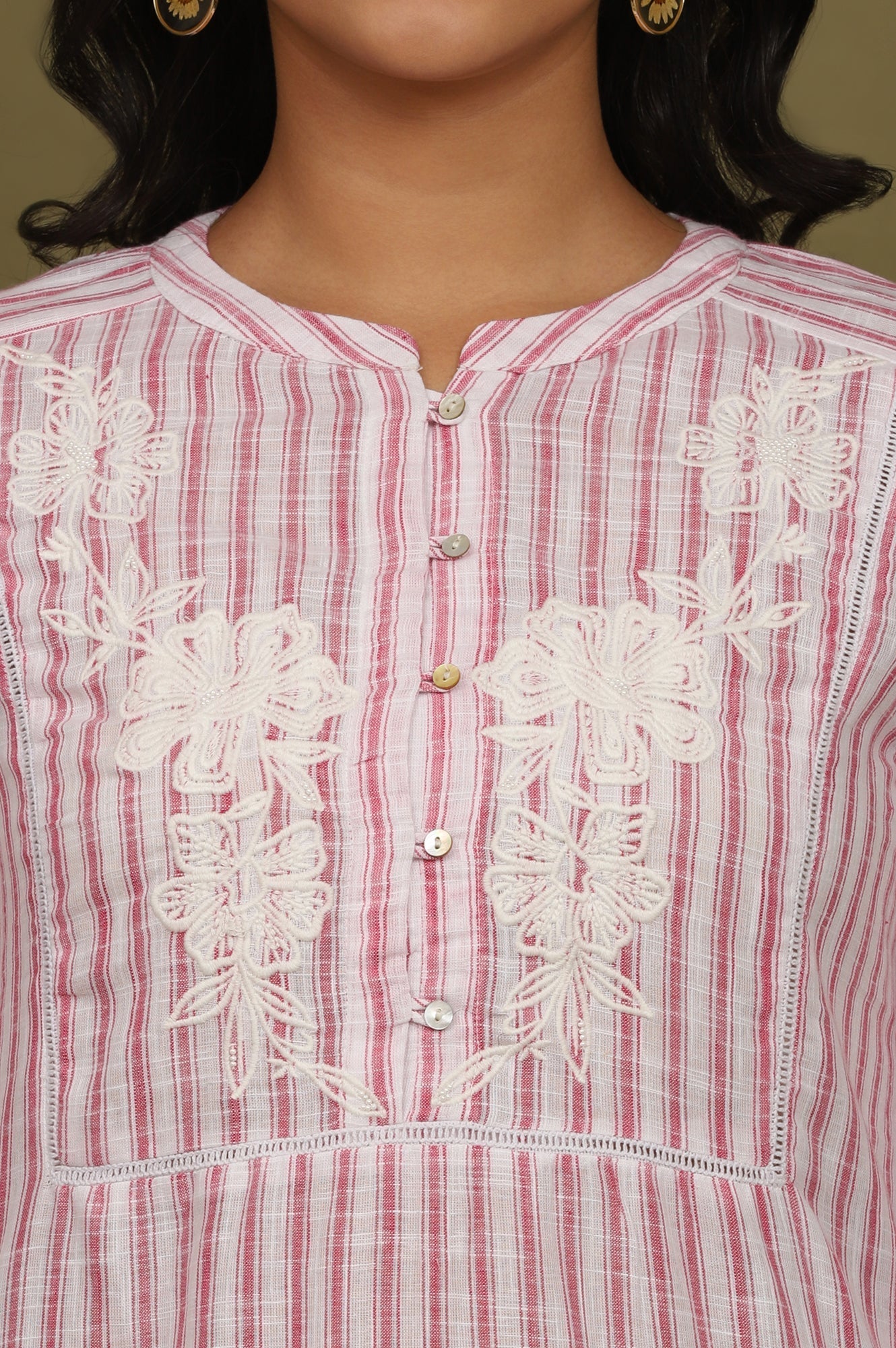 W for Woman Pink and White Yarn Dyed Cotton Tunic in Mandarin Collar