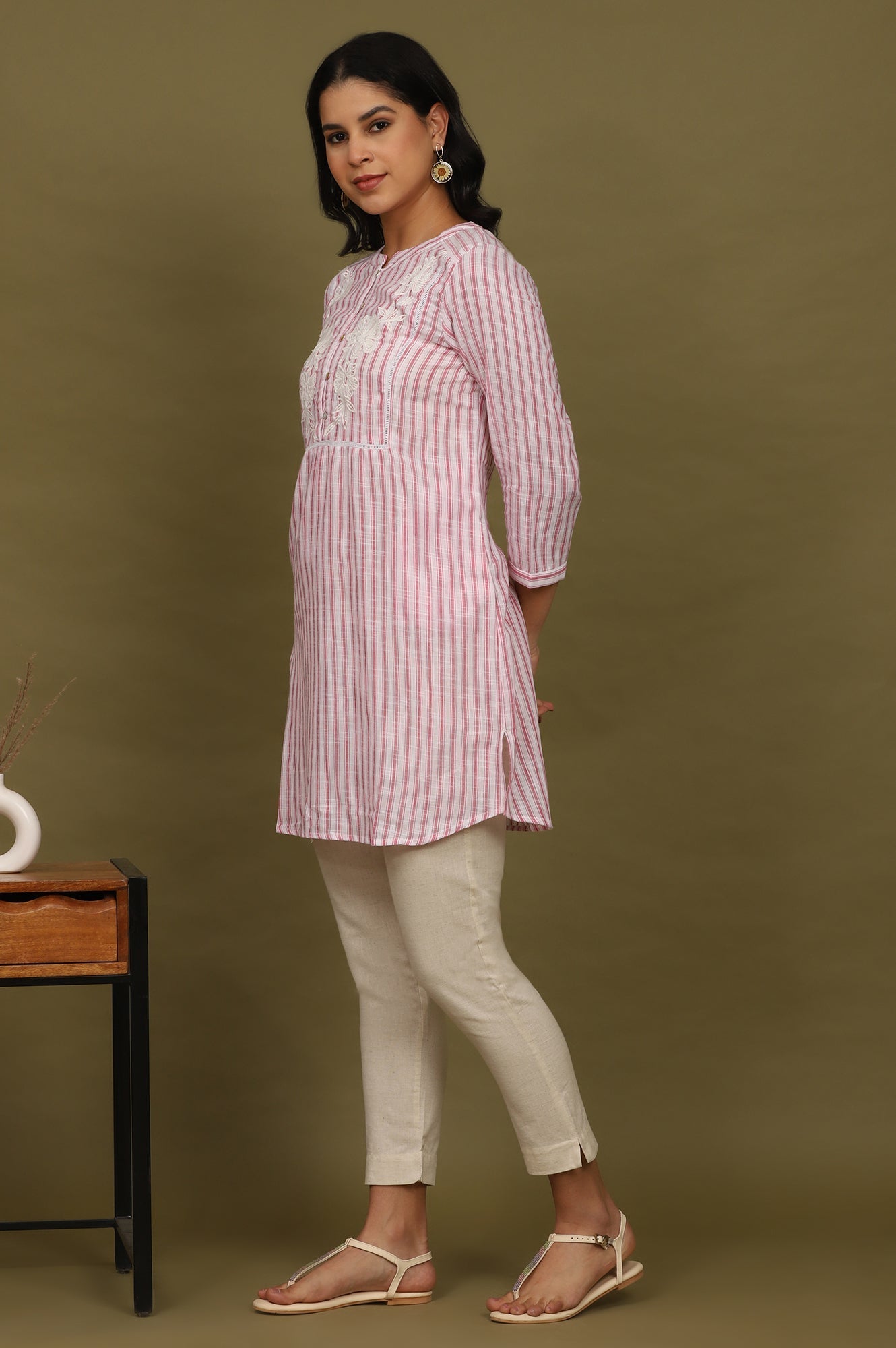 W for Woman Pink and White Yarn Dyed Cotton Tunic in Mandarin Collar