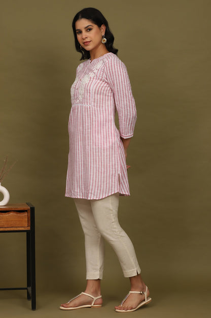 W for Woman Pink and White Yarn Dyed Cotton Tunic in Mandarin Collar