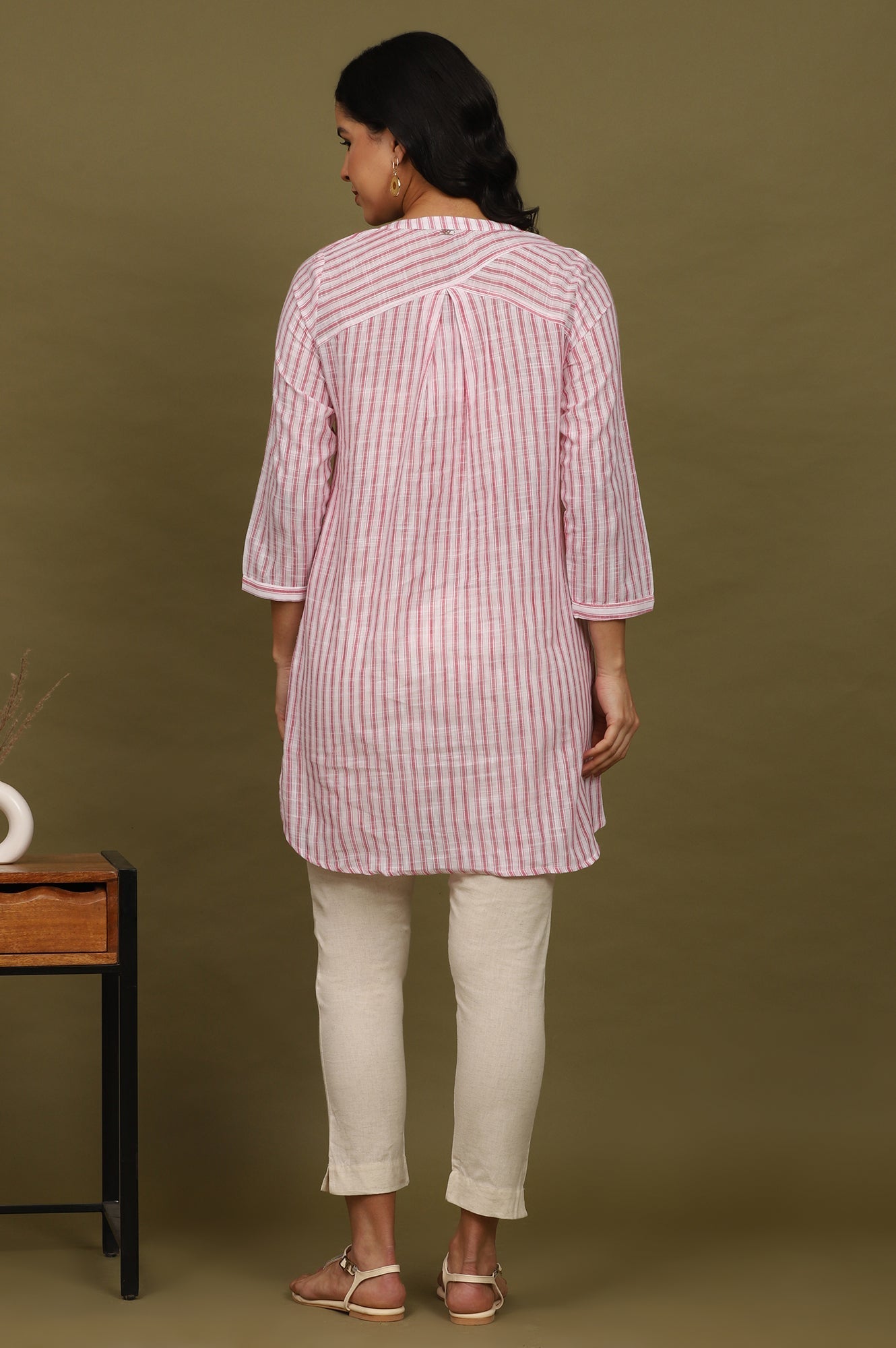 W for Woman Pink and White Yarn Dyed Cotton Tunic in Mandarin Collar