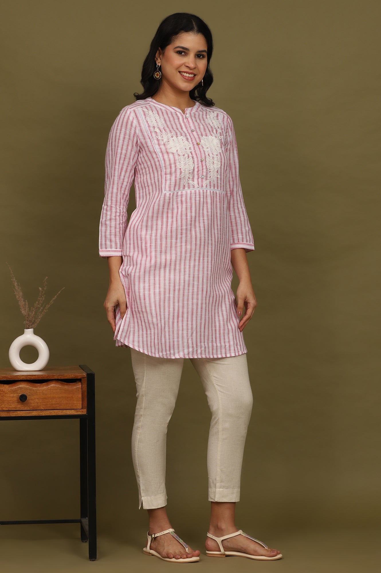 W for Woman Pink and White Yarn Dyed Cotton Tunic in Mandarin Collar