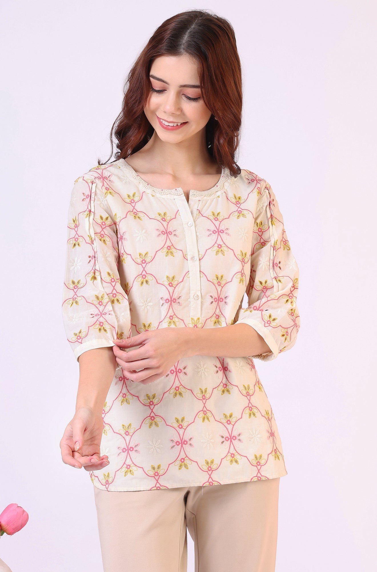 W for Woman White Thread Embroidered Straight Pure Cotton Ethnic Lacetop