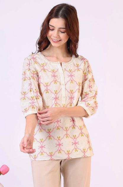 W for Woman White Thread Embroidered Straight Pure Cotton Ethnic Lacetop