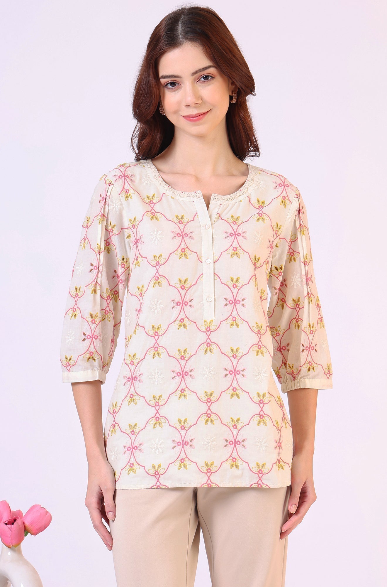W for Woman White Thread Embroidered Straight Pure Cotton Ethnic Lacetop