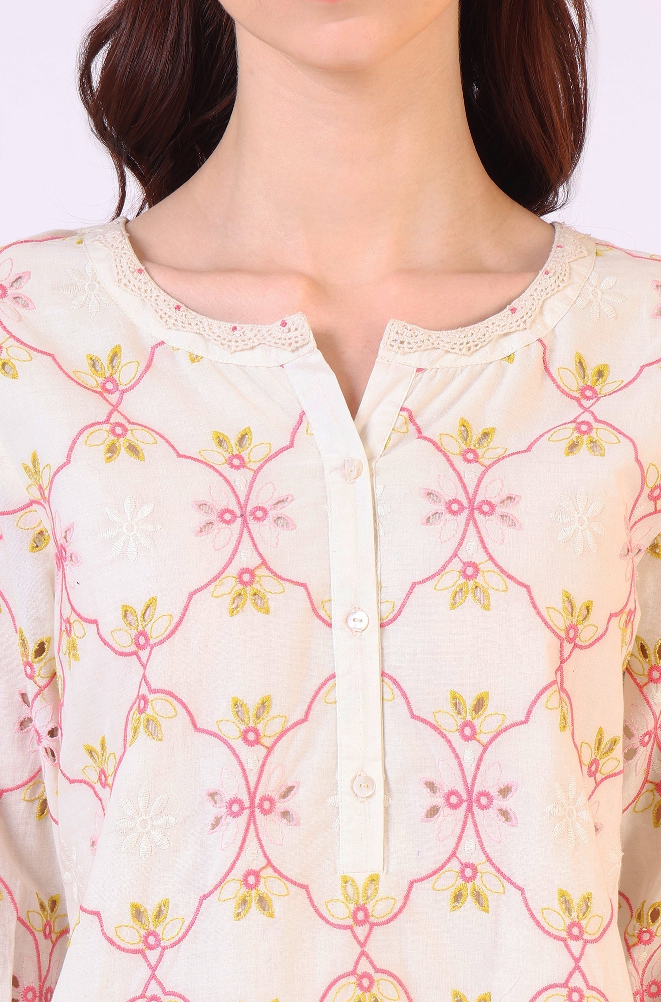 W for Woman White Thread Embroidered Straight Pure Cotton Ethnic Lacetop