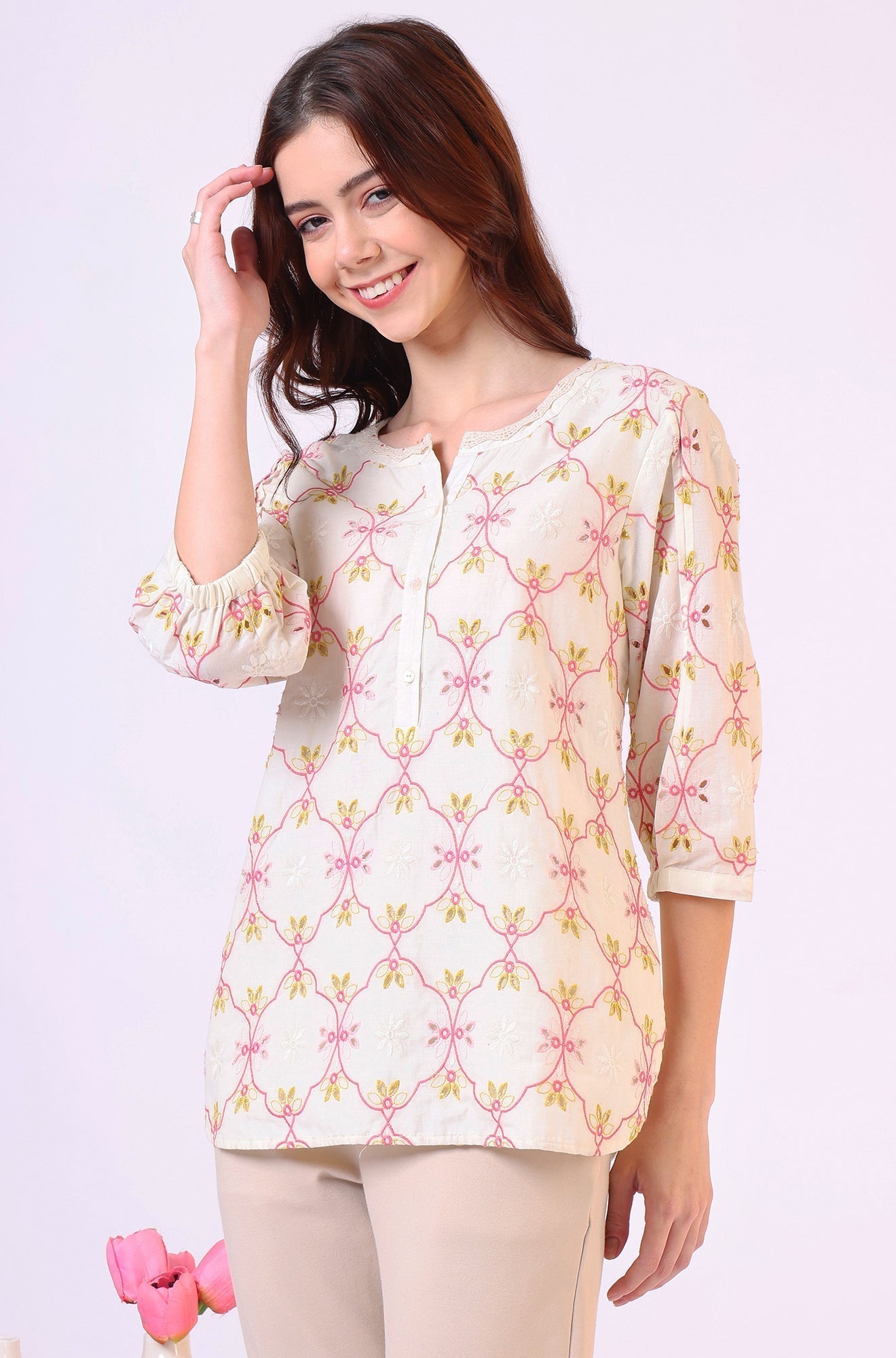 W for Woman White Thread Embroidered Straight Pure Cotton Ethnic Lacetop