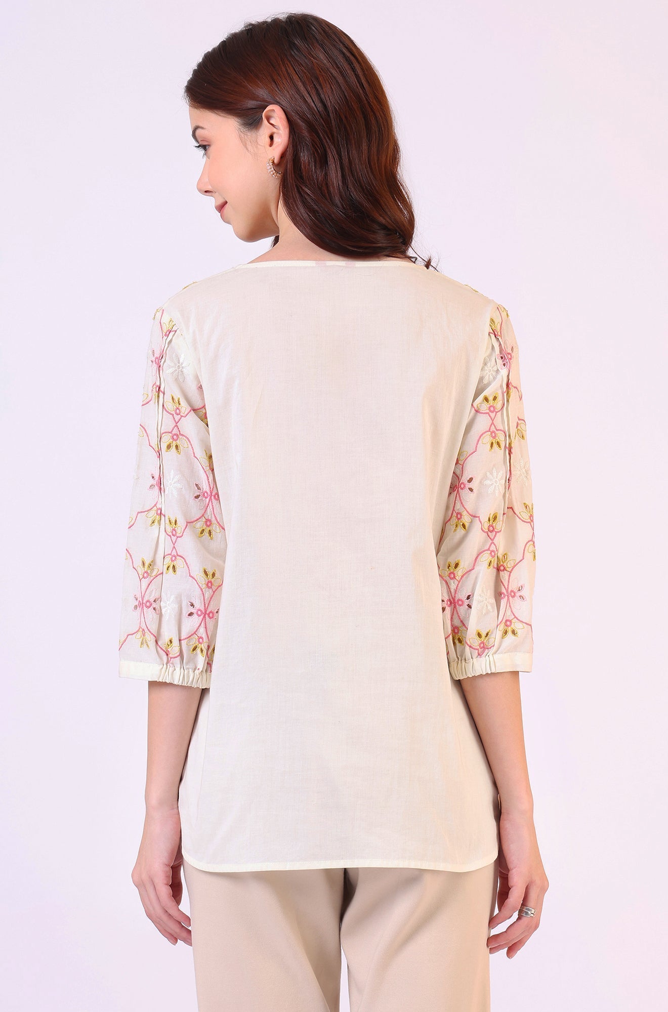 W for Woman White Thread Embroidered Straight Pure Cotton Ethnic Lacetop