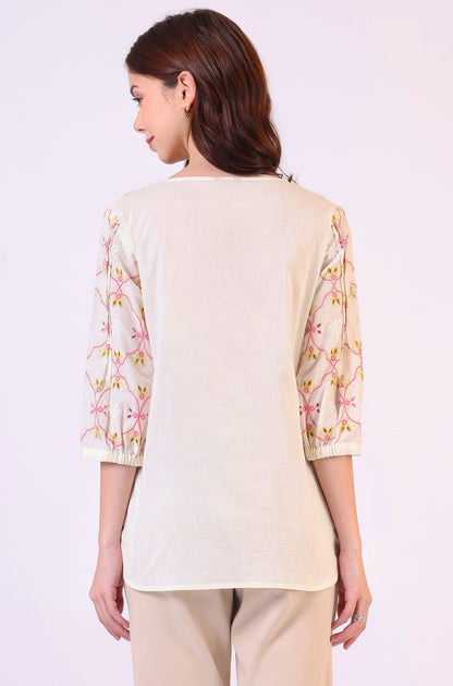 W for Woman White Thread Embroidered Straight Pure Cotton Ethnic Lacetop