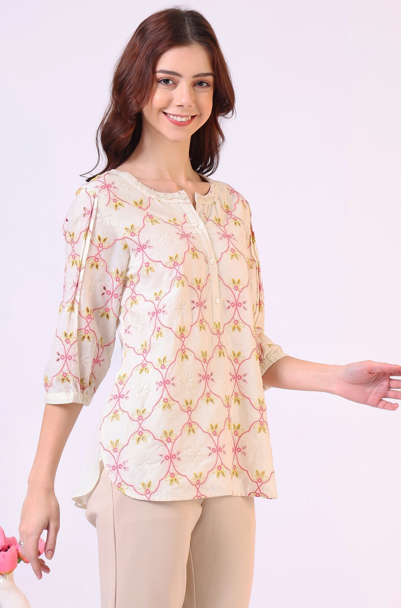 W for Woman White Thread Embroidered Straight Pure Cotton Ethnic Lacetop