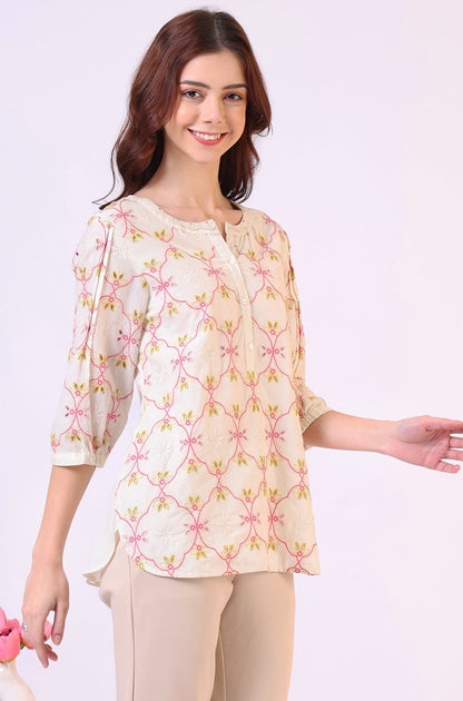 W for Woman White Thread Embroidered Straight Pure Cotton Ethnic Lacetop