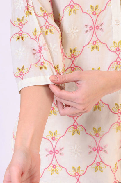 W for Woman White Thread Embroidered Straight Pure Cotton Ethnic Lacetop