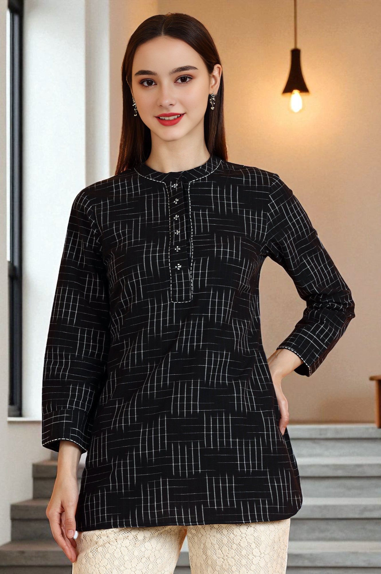 W for Woman Black Ikkat Yarn Dyed Pure Cotton Straight Tunic