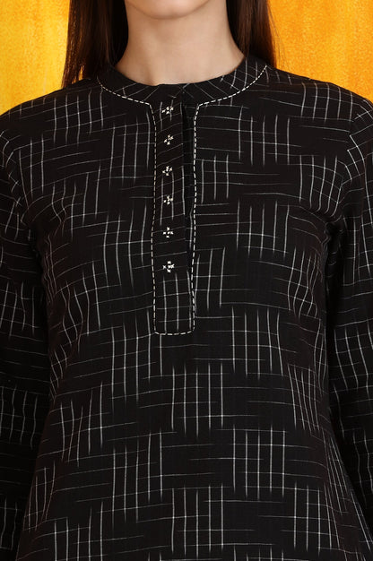 W for Woman Black Ikkat Yarn Dyed Pure Cotton Straight Tunic