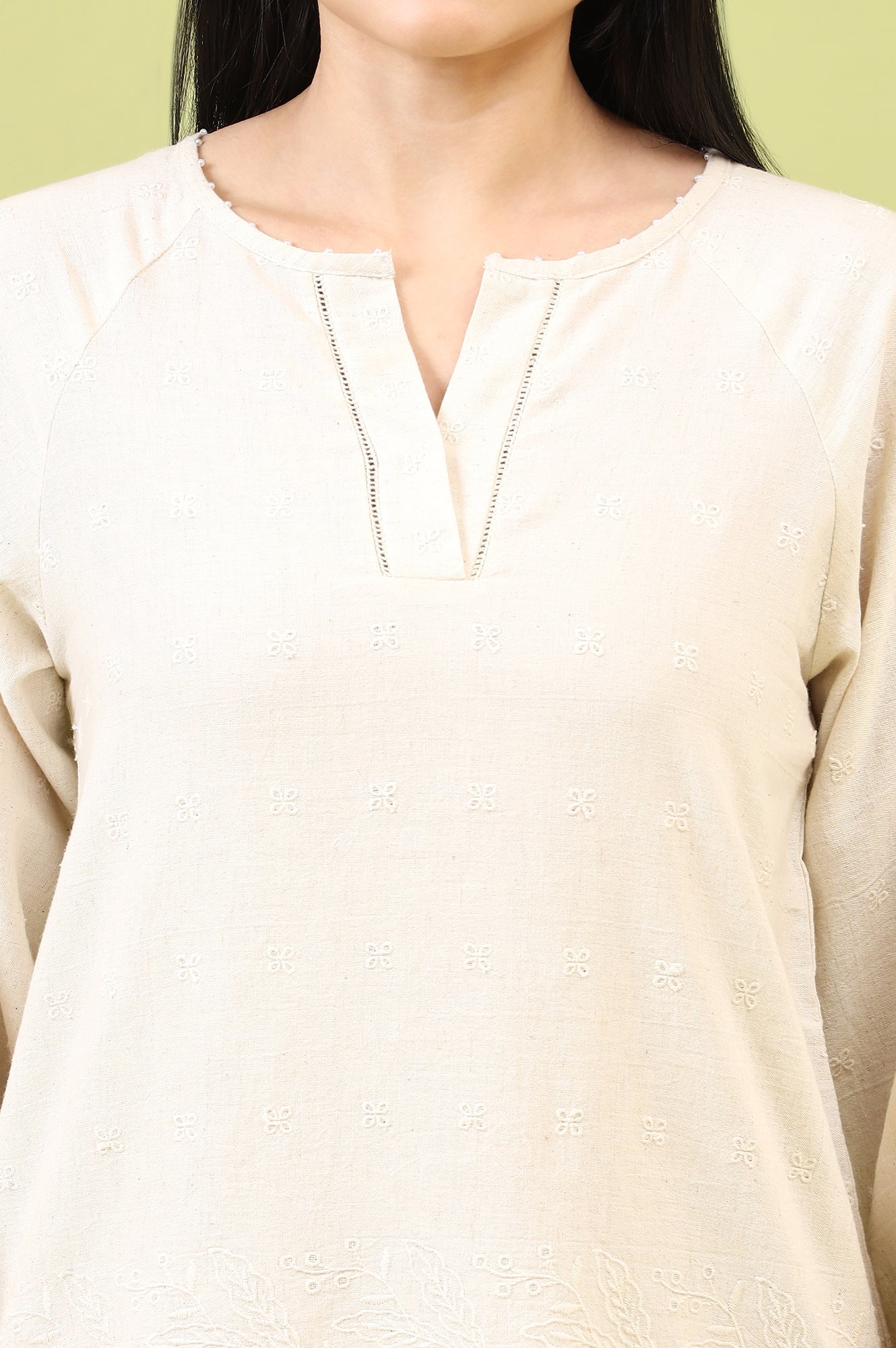 W for Woman Off-Whie Schiffli Embroidered Fusion Top with Lace Detail