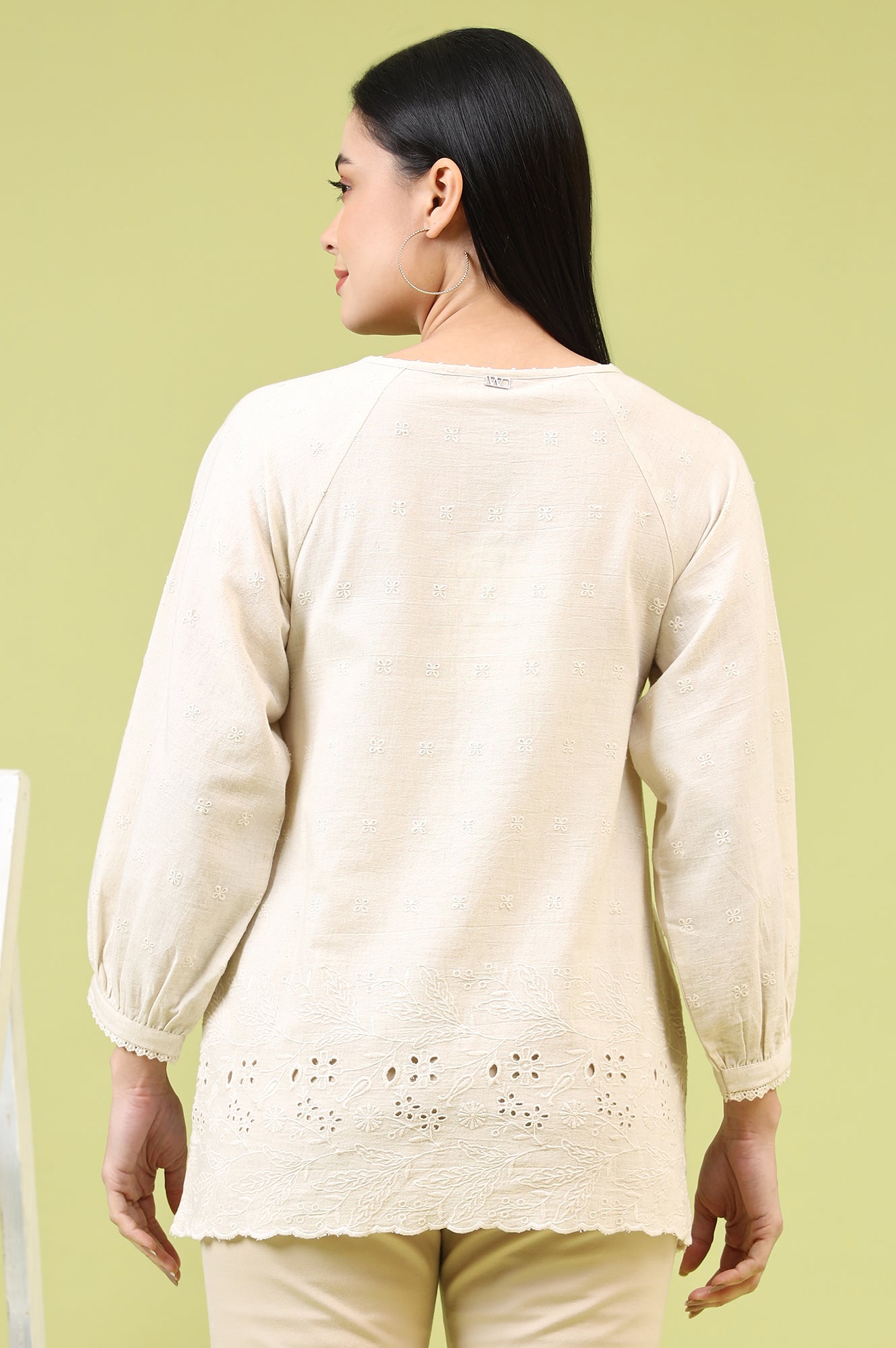 W for Woman Off-Whie Schiffli Embroidered Fusion Top with Lace Detail