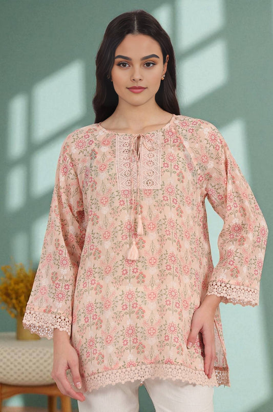 W for Woman Pink Printed Cotton Crepe Top with Crochet Lace
