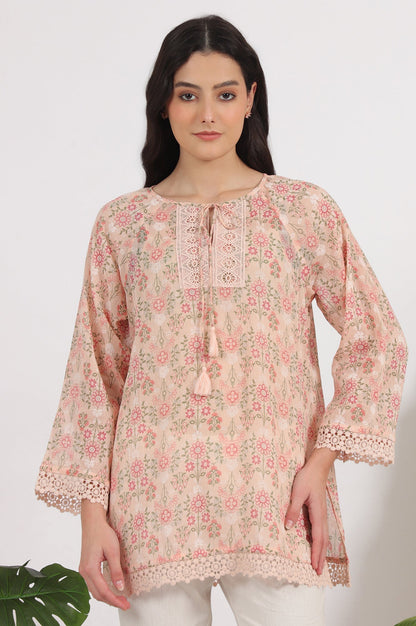 W for Woman Pink Printed Cotton Crepe Top with Crochet Lace