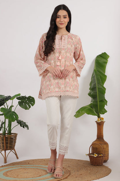 W for Woman Pink Printed Cotton Crepe Top with Crochet Lace