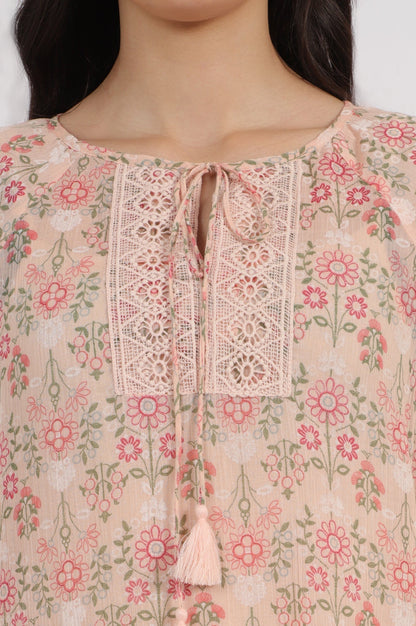 W for Woman Pink Printed Cotton Crepe Top with Crochet Lace