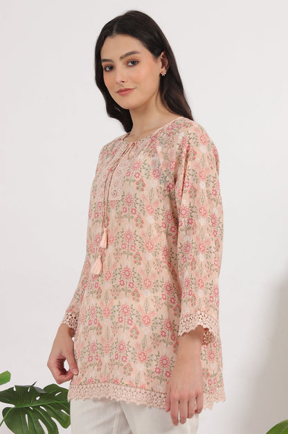 W for Woman Pink Printed Cotton Crepe Top with Crochet Lace