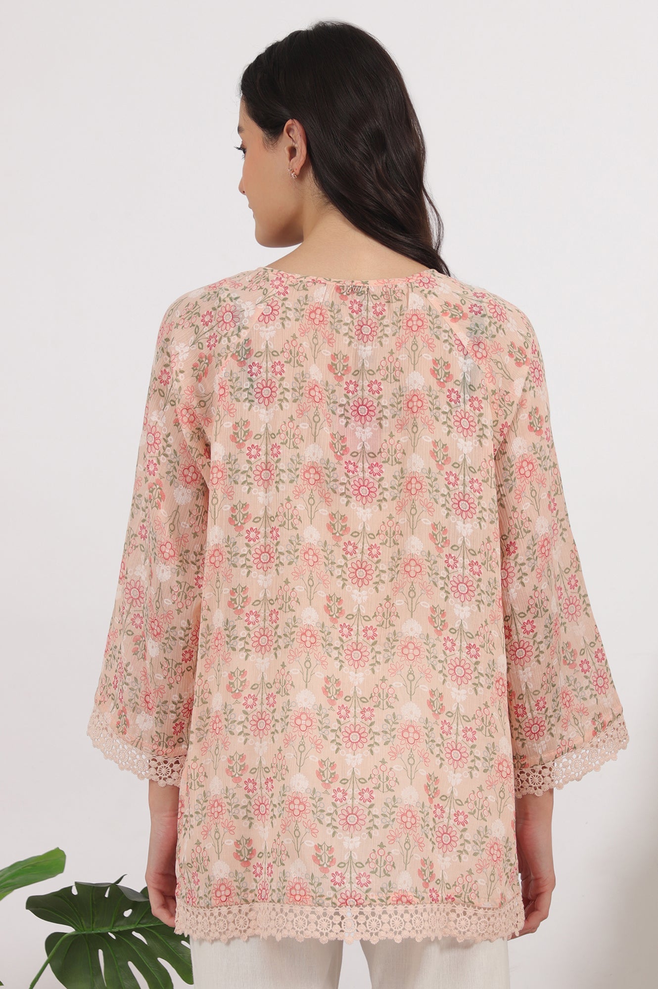 W for Woman Pink Printed Cotton Crepe Top with Crochet Lace