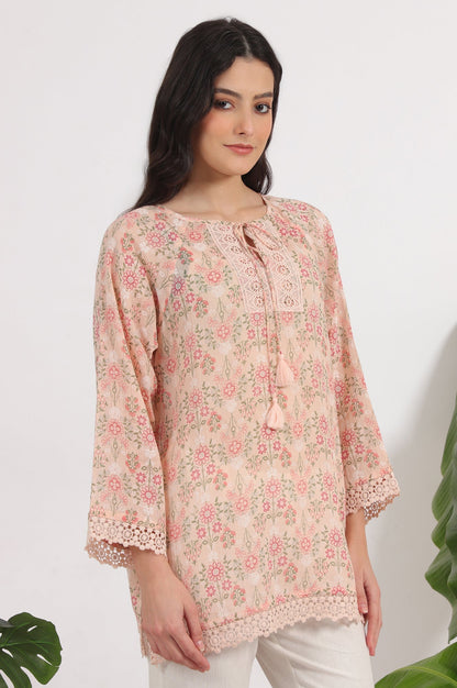 W for Woman Pink Printed Cotton Crepe Top with Crochet Lace