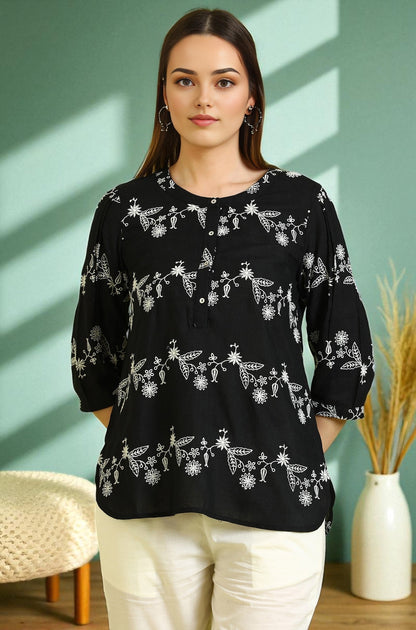 W for Woman Black Embroidered Straight Rayon Top