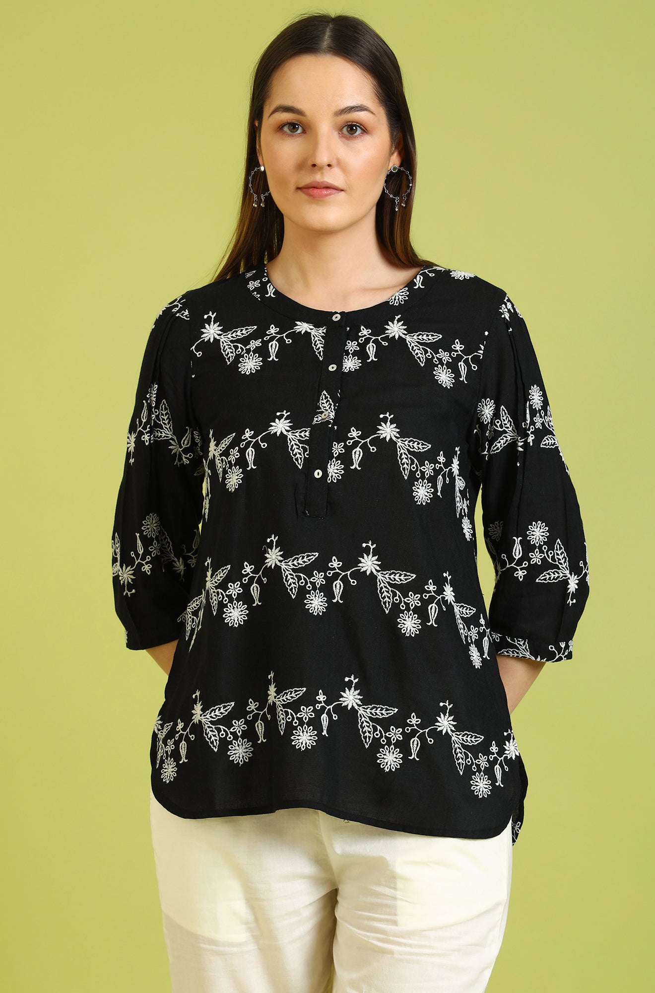 W for Woman Black Embroidered Straight Rayon Top