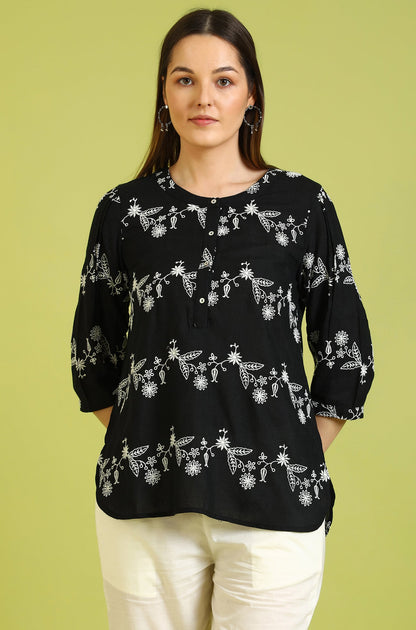 W for Woman Black Embroidered Straight Rayon Top
