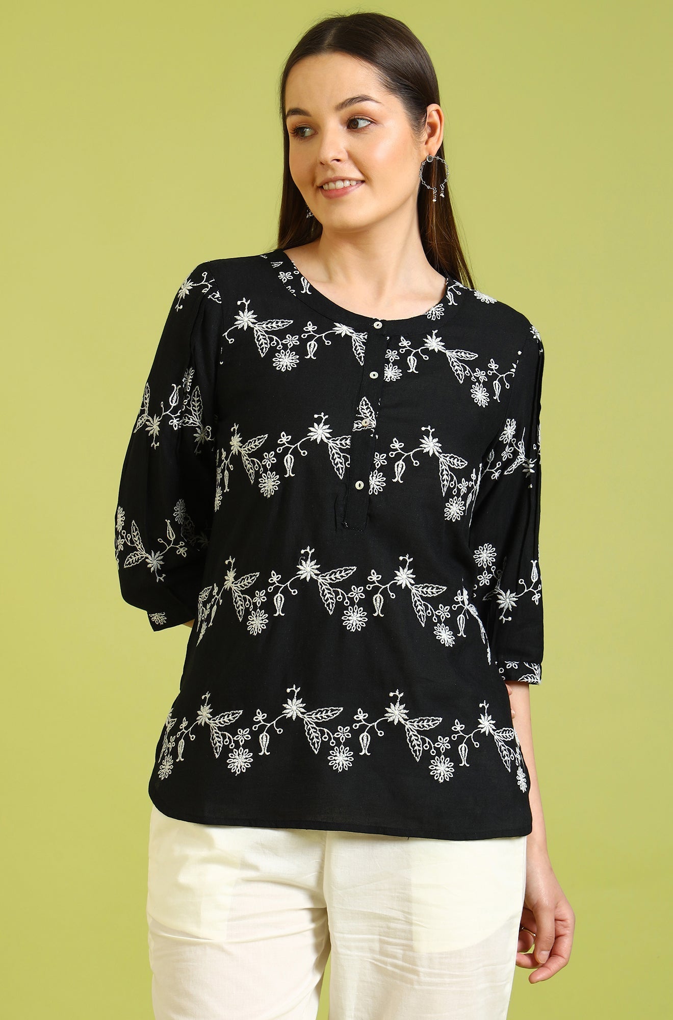W for Woman Black Embroidered Straight Rayon Top