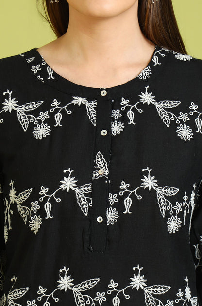 W for Woman Black Embroidered Straight Rayon Top
