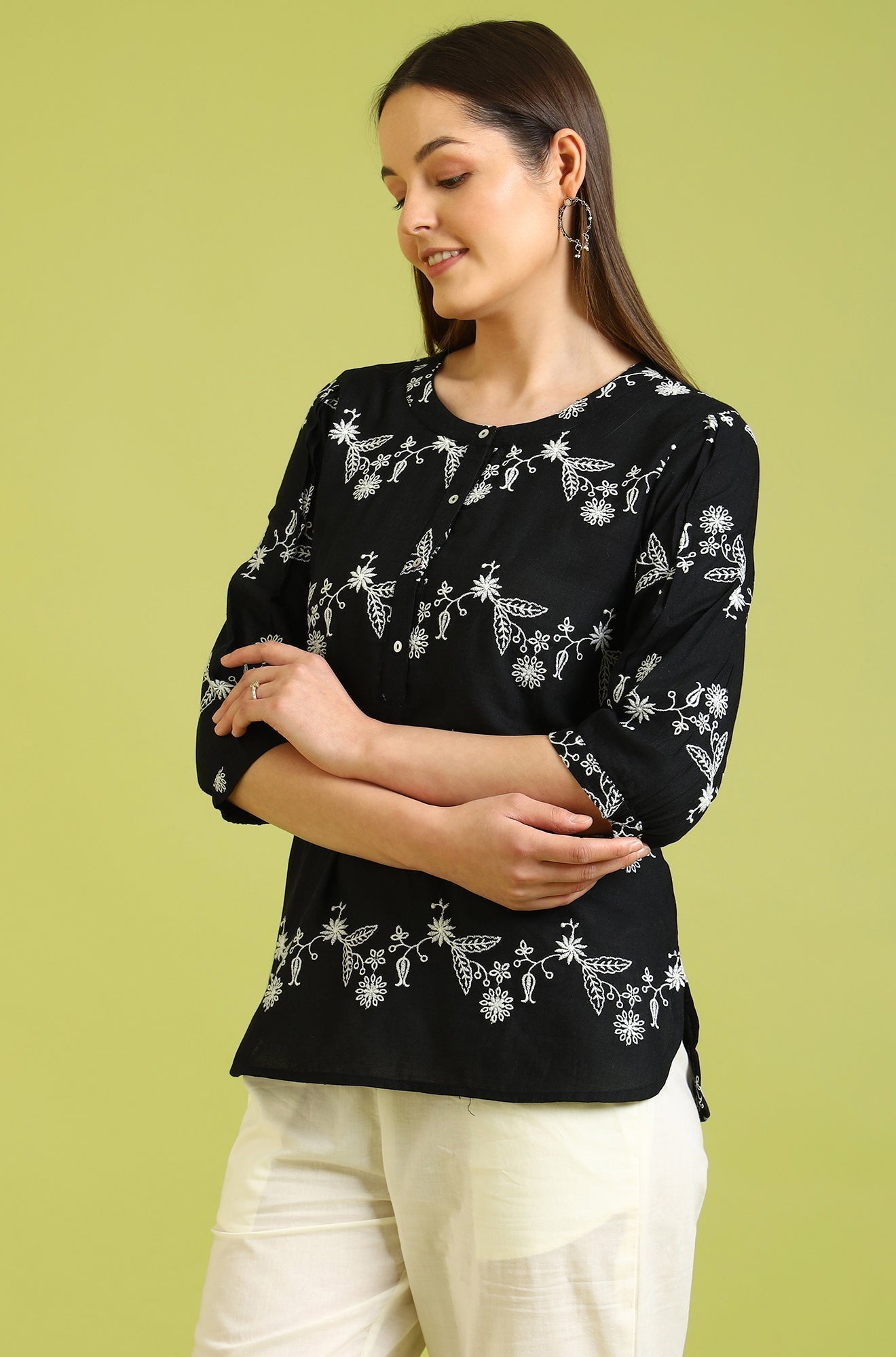 W for Woman Black Embroidered Straight Rayon Top