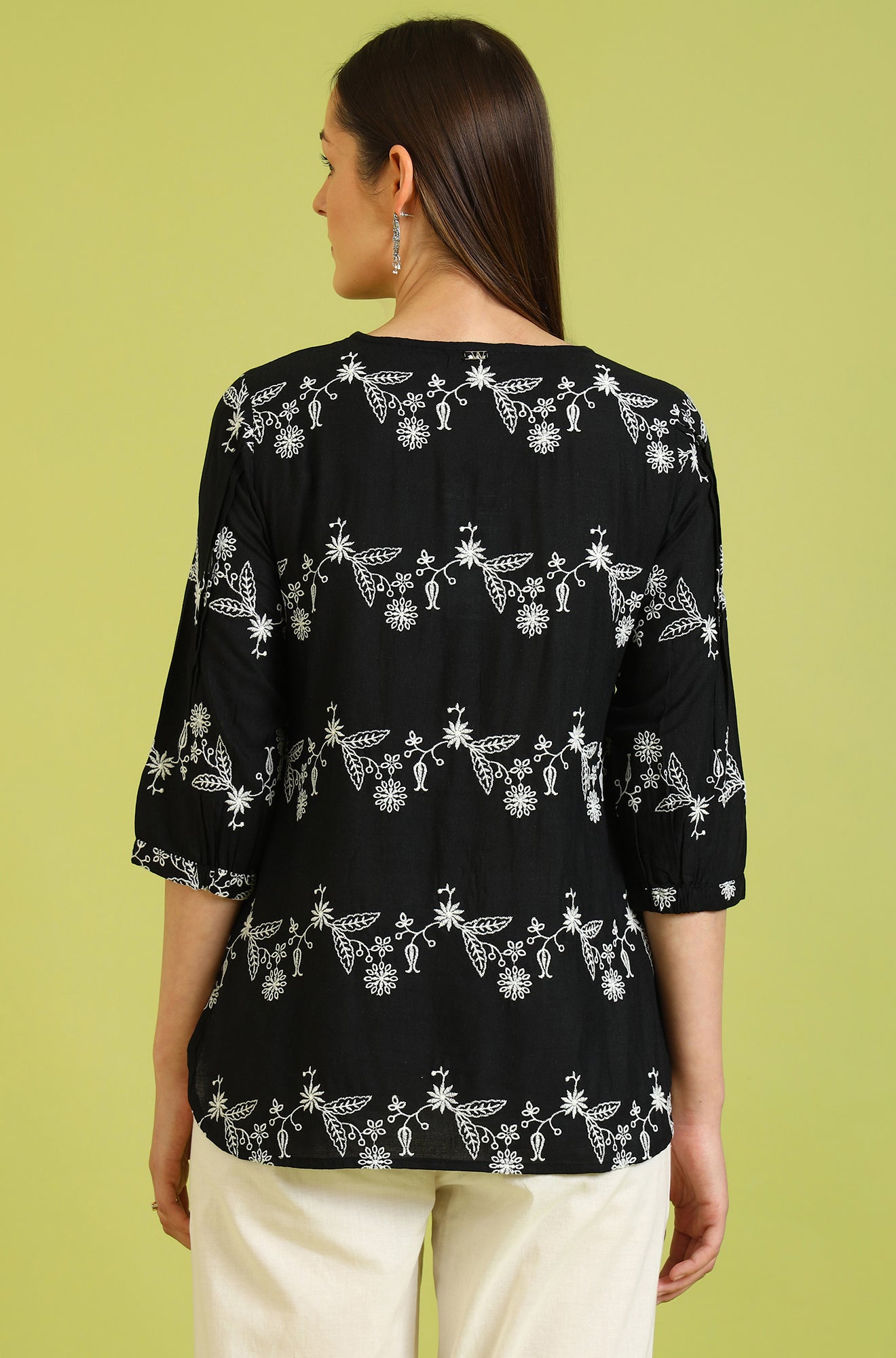 W for Woman Black Embroidered Straight Rayon Top