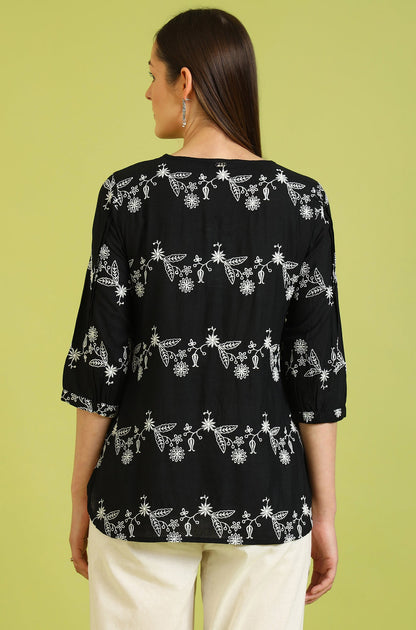 W for Woman Black Embroidered Straight Rayon Top