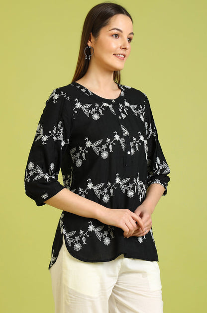 W for Woman Black Embroidered Straight Rayon Top