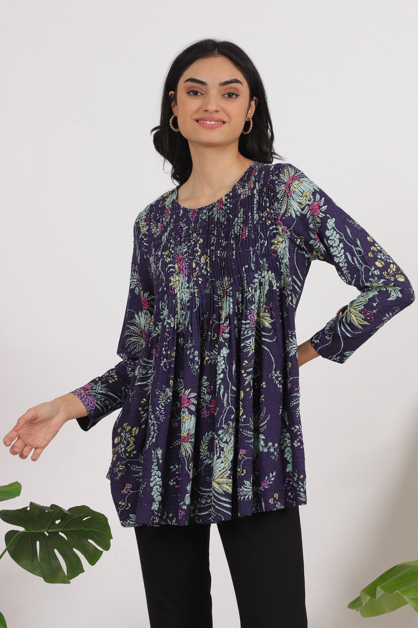 W for Woman Grey Printed Swiss Dot A-line Pleated Top