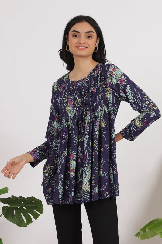 W for Woman Grey Printed Swiss Dot A-line Pleated Top