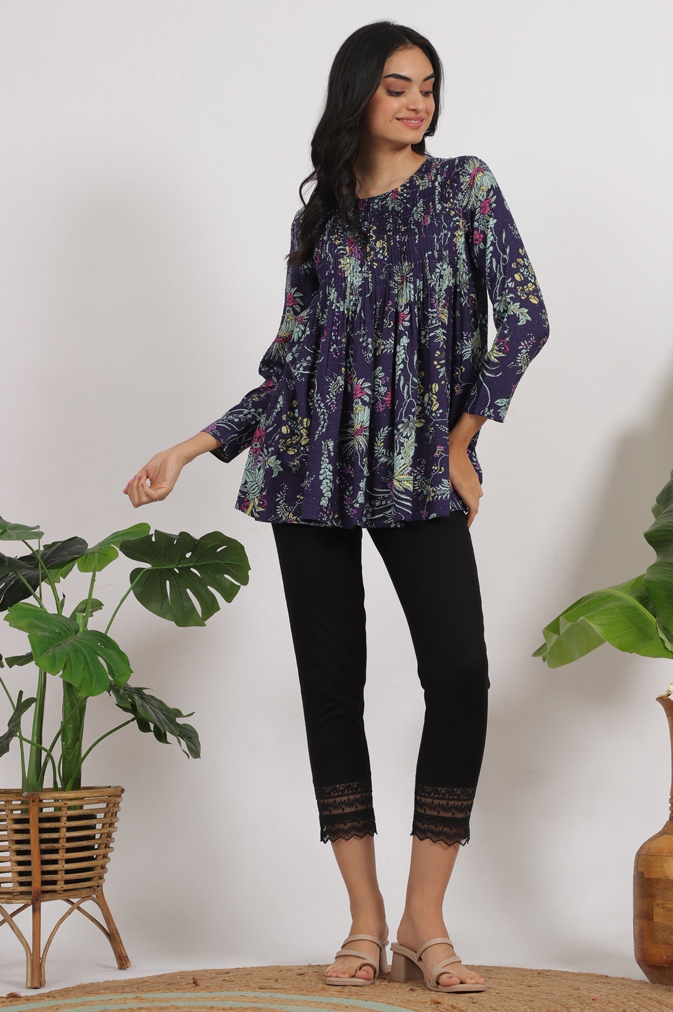 W for Woman Grey Printed Swiss Dot A-line Pleated Top