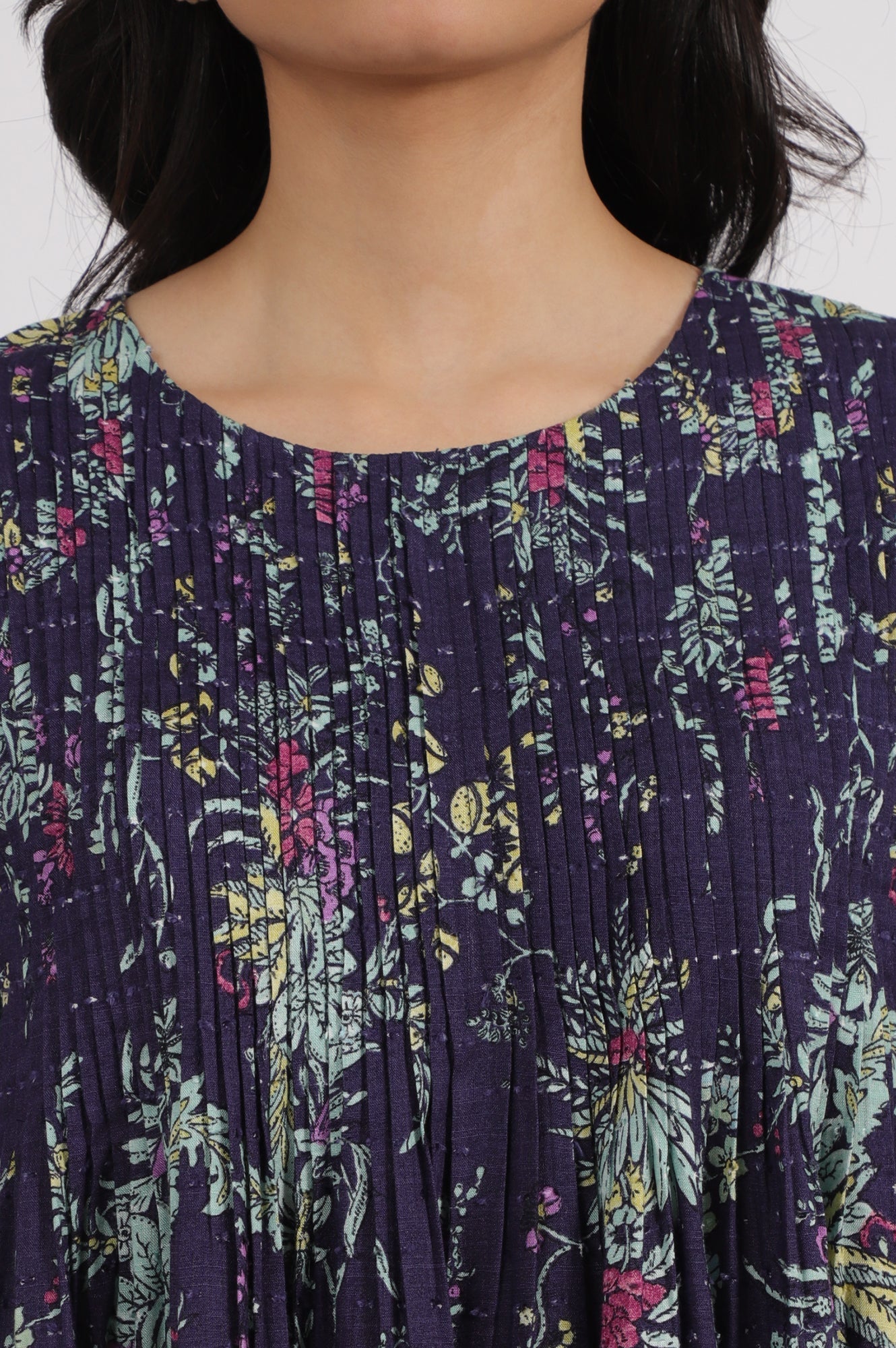 W for Woman Grey Printed Swiss Dot A-line Pleated Top