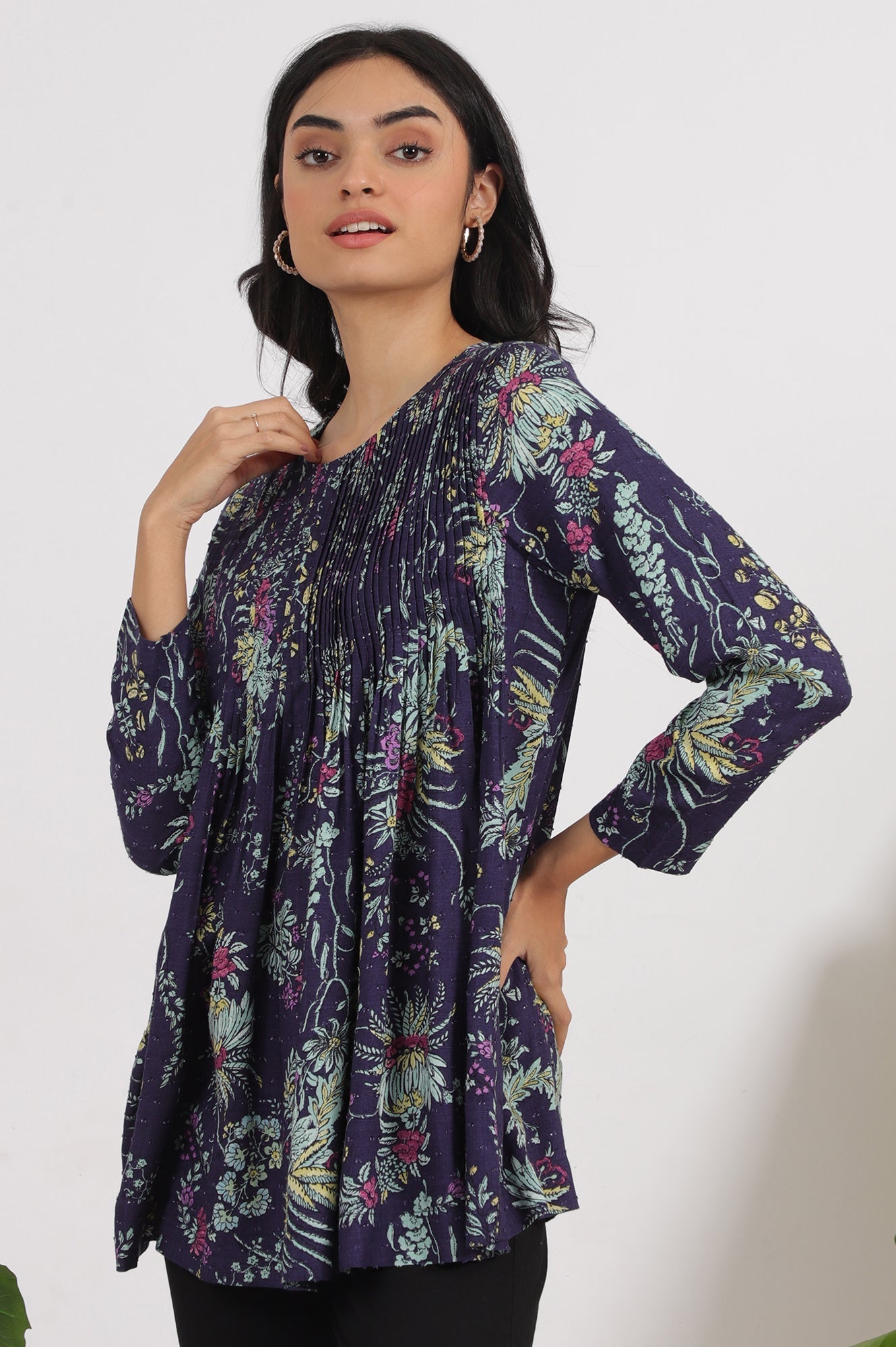 W for Woman Grey Printed Swiss Dot A-line Pleated Top