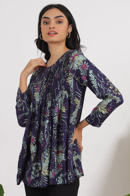 W for Woman Grey Printed Swiss Dot A-line Pleated Top