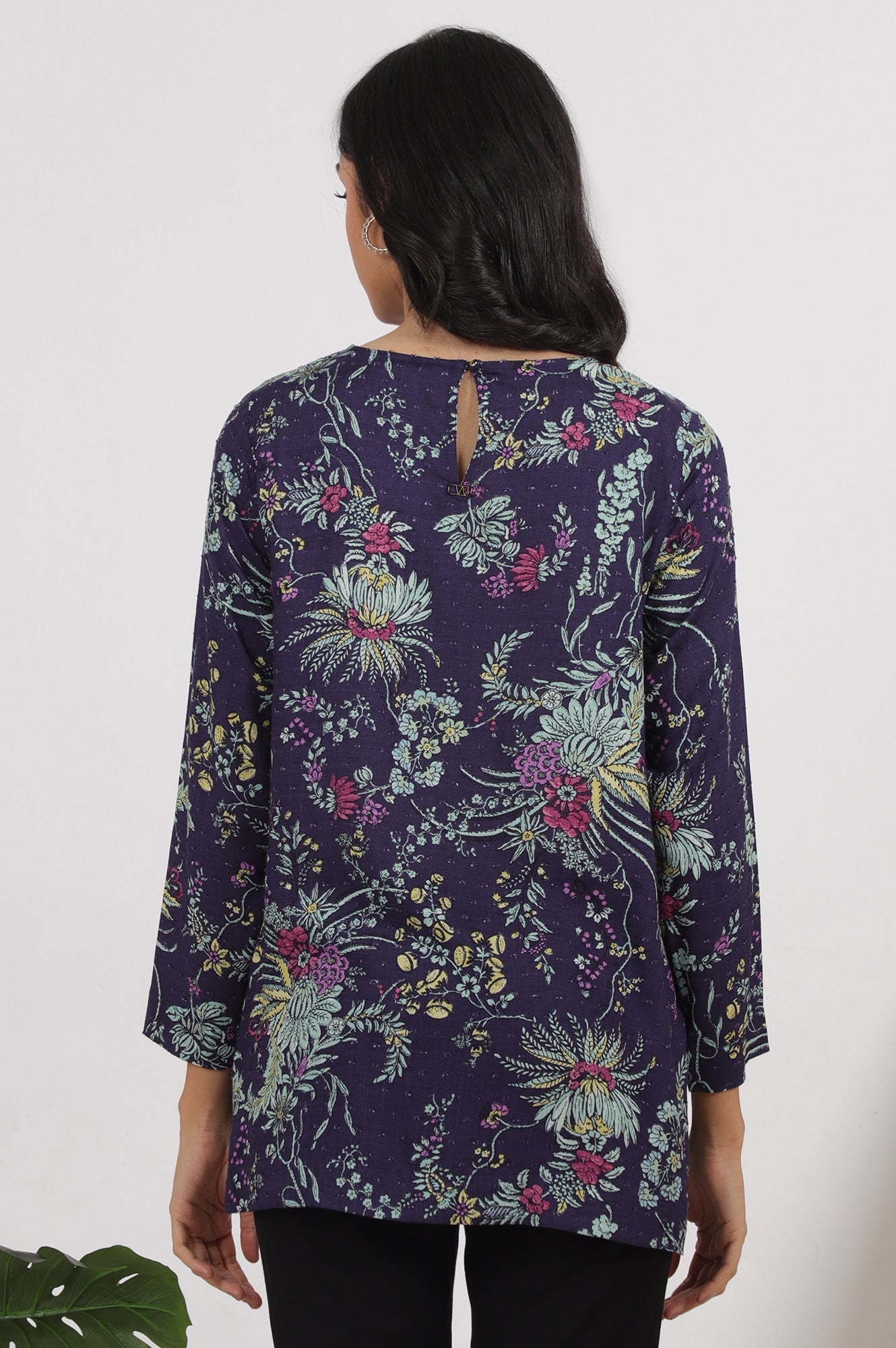 W for Woman Grey Printed Swiss Dot A-line Pleated Top