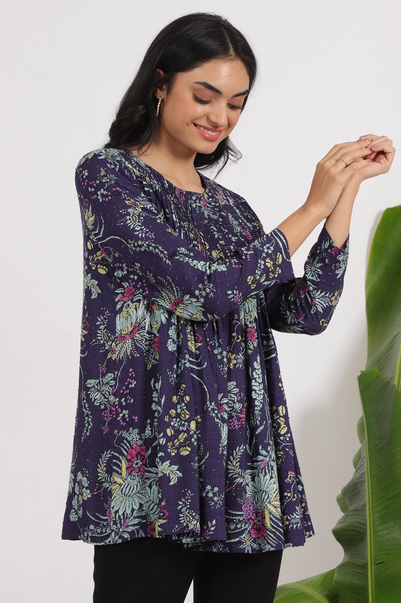 W for Woman Grey Printed Swiss Dot A-line Pleated Top