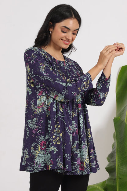 W for Woman Grey Printed Swiss Dot A-line Pleated Top