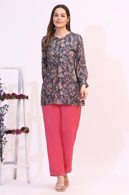 W for Woman Slate Grey Floral Printed Modal Relaxed Fit Top