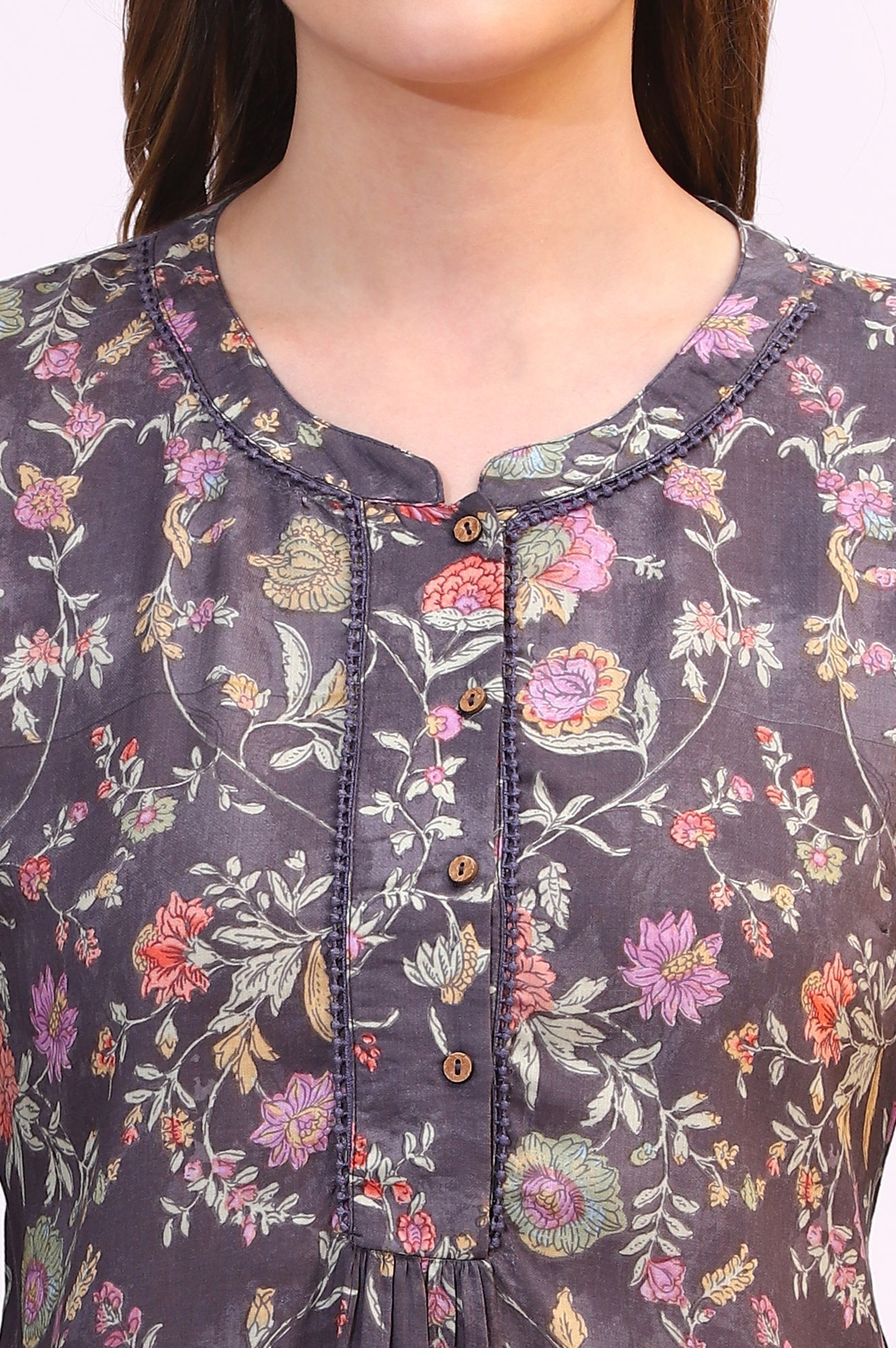 W for Woman Slate Grey Floral Printed Modal Relaxed Fit Top